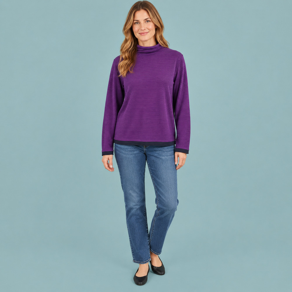 Title Nine Size Medium M Purple Stripe Mock Neck Long Sleeve Knit Sweater